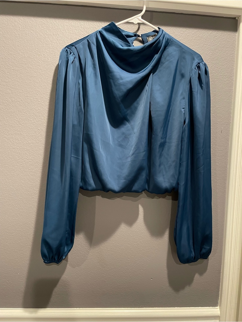 Satin Cowl-Neck Long Sleeve Top in Teal